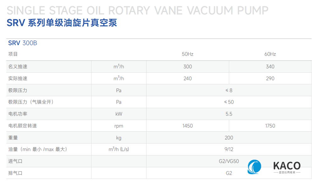 鲍斯真空泵单级油旋片泵SRV300B主要性能指标