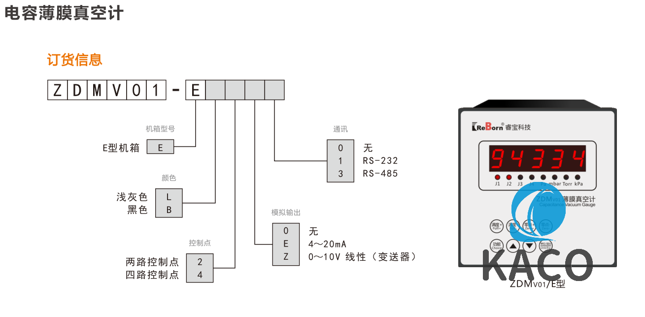 睿宝reborn电容薄膜真空计ZDMV01系列订货信息